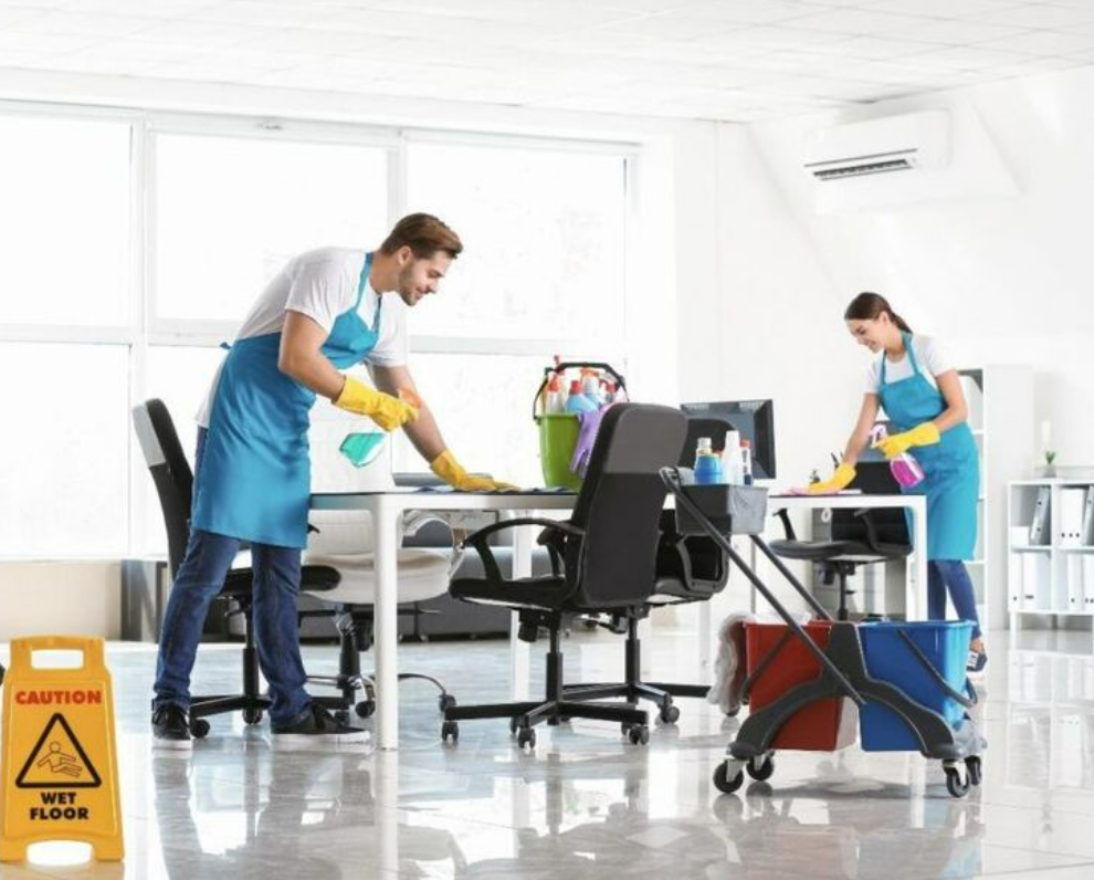 a professional cleaning service team in Worthington, Ohio, showcasing their expertise in maintaining pristine commercial spaces. The team is insured by Insurance Company Worthington Ohio LLC, ensuring peace of mind with comprehensive cleaning business insurance coverage.